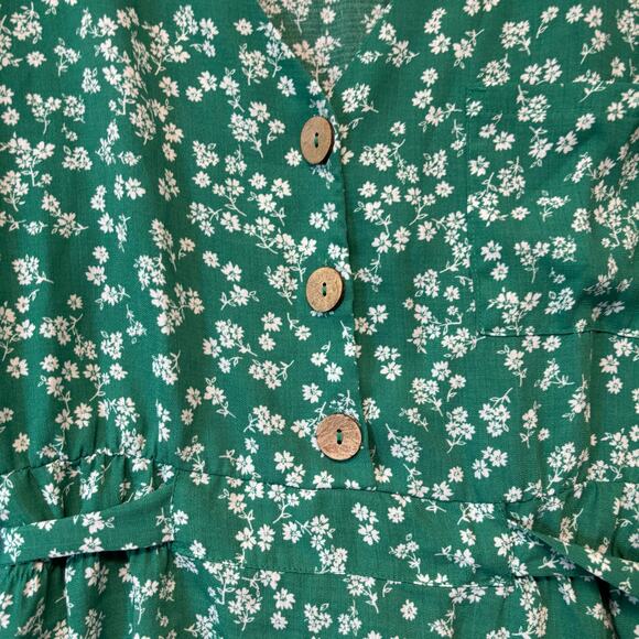 Sweet Rain Green Floral Button Blouse Romantic Peplum Waist Tie Cottagecore - Picture 7 of 12